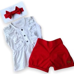 VALU MODA INFANTIL - Short rojo y blusa blanca con puntos para bebé.