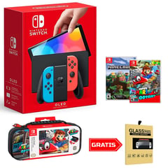 Consola Switch Oled Neón super mario odyssey y Minecraft con Estuche Mario O