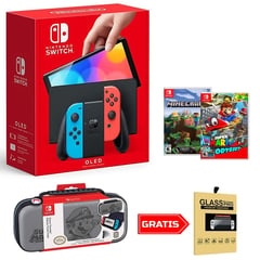 Consola Switch Oled Neón super mario odyssey y Minecraft con Estuche Super Mario