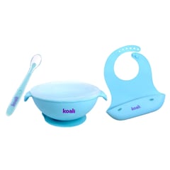 KOALI - Plato para Bebé Silicona Babero Cuchara Tapa Celeste