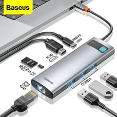 BASEUS - Adaptador Hub 8 en 1 a Hdmi, Rj45, Sd, microSD, USB - - Plata