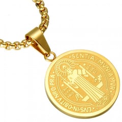 GENERICO - Collar medalla colgante de San Benito de acero inoxidable dorado