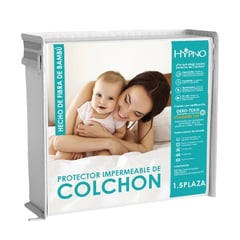 HYPNO HOME - Protector de Colchón Impermeable 1.5 Plz Amoldable de Bambú - Blanco