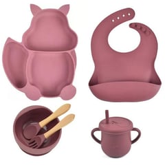 OEM - Platos para bebes - plato de silicona bebe + babero vaso + cubiertos rosado