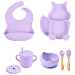 OEM - Platos para bebes - plato de silicona bebe + babero vaso + cubiertos morado