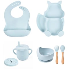 OEM - Platos para bebes silicona babero vaso cubiertos celeste