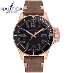 NAUTICA - Reloj Nautica Bayside NAPBSF915 Correa de Cuero Marrón Oro Rosado