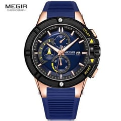 MEGIR - Reloj Acero Oro Rosa Negro y Silicona Azul MEG-9