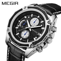 MEGIR - Reloj Acero Plateado y Cuero Negro MEG-24