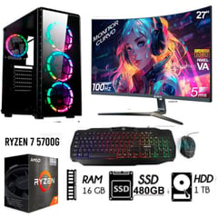 AMD - Computadora PC GAMER RYZEN 7-5700G RAM 16GB DISCO 1TB+SSD 480GB MONITOR 27” FHD