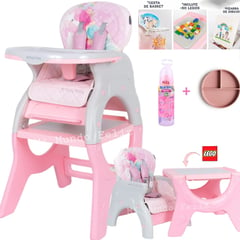 BABY HAPPY - Silla de Comer 3 en 1 Escritorio Platito Biberon y Lego Pink