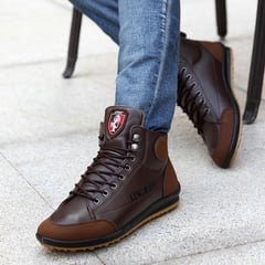 BLWOENS - Botas para hombre tacón plano tipo cuero de invierno vintage termicas-marrón