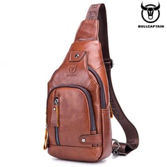 BULLCAPTAIN - Morral Pechera de cuero genuino marrón usb