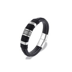 GENERICO - Pulsera brazalete de cuero genuino y acero inoxidable para hombres