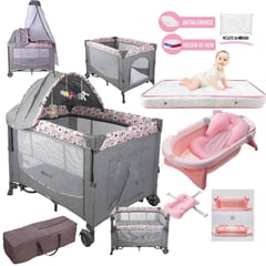 EBABY - Cuna Corral Dacora Rosa y Colchón y Tina Rosa