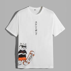 YANSUS - Polo Blanco Hombre Camiseta Estampado Gato Letra Japones