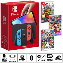 NINTENDO - Consola switch oled neon + smash bros + m. kart + m. 3d world