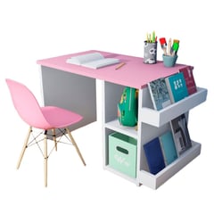 WONDER WOOD MUEBLERIA - Escritorio Montessori para Niños 2 a 7 años + Silla con 2 compartimientos y 2 portacuentos Rosado