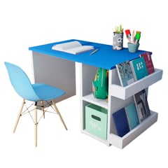 WONDER WOOD MUEBLERIA - Escritorio Montessori para Niños 2 a 7 años + Silla con 2 compartimientos y 2 portacuentos Azul