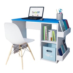 WONDER WOOD MUEBLERIA - Escritorio Harvey con 2 compartimientos y 2 portalibros Blanco/Azul + Silla