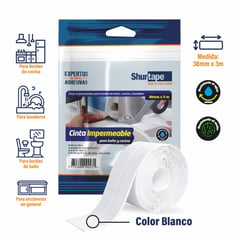 SHURTAPE - Cinta Impermeable Blanco - para baño y cocina 38mm x 3m