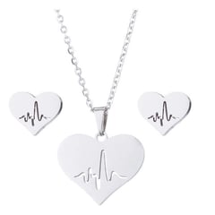 GENERICO - Set collar y aretes corazón electrocardiograma medicina plateado
