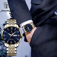 GENERICO - Reloj Hombre Análogo Acero Inoxidable Poedagar 836 Cuarzo Dorado Azul