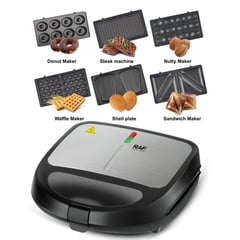 GENERICO - Sandwichera Wafflera 6 en 1 850W 6 Moldes para Donas Wafles Nutty