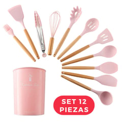 GENERICO - Set de 12 Piezas Utensilios de Cocina de Silicona Antiadherente Rosado