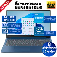 LENOVO - Laptop IdeaPad Slim 3 15.6" FHD TN, Core i5-12450H, 12va Gen, Ram 16GB, SSD 512GB, Free Dos