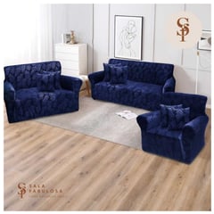 SALA FABULOSA - Funda de mueble 3-2-1 con 6 fundas de cojin terciopelo labrado Azul