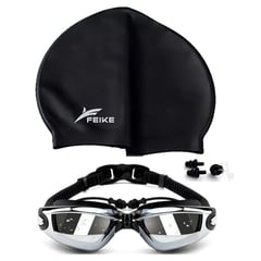 FEIKE - Lentes Natación Negros HD Protección UV y Gorro de Silicona