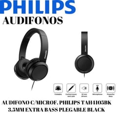 PHILIPS - AUDIFONO CMICROF TAH4105BK 35MM EXTRA BASS PLEGABLE BLACK