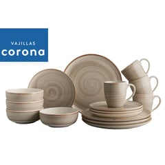 CORONA - Juego de Vajilla Caoba Gris 16 Piezas - Plato Pando 26cm