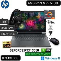 HP - LAPTOP GAMER VICTUS AMD RYZEN 7 5800H 15.6" FHD 144Hz 8GB 512GB RTX 3050 4GB +Audífonos Gamer+Mouse