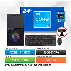 INTEL - Computadora PC Core i3 12100 RAM 16GB SSD 500GB Monitor 24 FHD webcam
