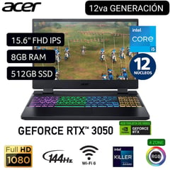 LAPTOP GAMER NITRO 5 INTEL CORE i5 12500H 15.6" FHD 144Hz 8GB RAM 512GB T. VIDEO RTX3050 4GB W11