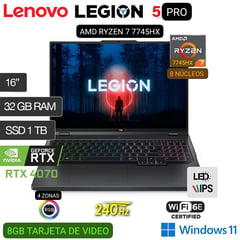 LAPTOP LEGION PRO 5 16ARX8 RYZEN 7 7745HX 16" WQXGA IPS 240Hz 32GB RAM 1TB SSD RTX4070 8GB W11