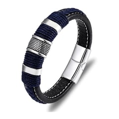 GENERICO - Pulsera brazalete de cuero genuino azul y acero inoxidable hombres