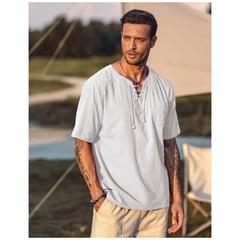 42AROZINA - Camiseta informal holgada con cuello en Vde algodón y lino para hombre