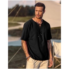 42AROZINA - Camiseta informal holgada con cuello en Vde algodón y lino para hombre