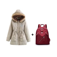 GENERICO - Casaca Abrigo Parka Mujer Con Capucha BEIGE y Mochila De Nylon GUINDA