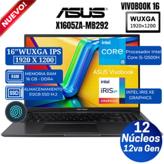 Laptop X1605ZA-MB292 16" WUXGA IPS, Core i5-12500H,12va Gen, Ram 16GB, SSD 512GB, Free Dos