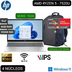 Laptop 15-fc0008la Amd Ryzen 5 7520u 15.6" Fhd Ips 8gb 512gb Ssd R. Graphics + Mochila Hp Travel W11