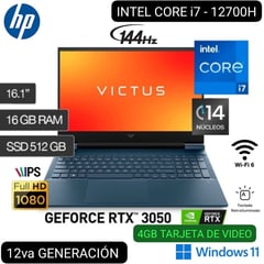 HP - LAPTOP GAMER VICTUS 16-D1007LA INTEL CORE I7 12700H 16.1 FHD IPS 144Hz 16GB 512GB RTX3050 4GB W11