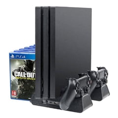 VARIOS - Base PS4 Slim / Pro 4 en 1 Stand, Cargador Mandos, Cooler, Portajuegos