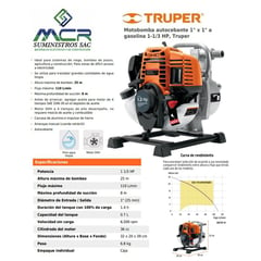 TRUPER - Motobomba autocebante 1 x 1 a gasolina 1-1/3 HP