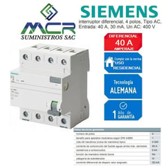 SIEMENS - INTERRUPTOR DIFERENCIAL 4X40 A AC 30MA 400V