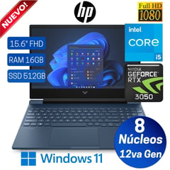 Laptop Victus Gaming 15-fa0000la 15.6" FHD, Core i5-12450H, Ram 16GB, SSD 512GB, Rtx 3050, Win11