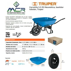 TRUPER - CARRETILLA 5.5 FT3 80L CON LLANTA NEUMATICA REFORZADA 580 KG